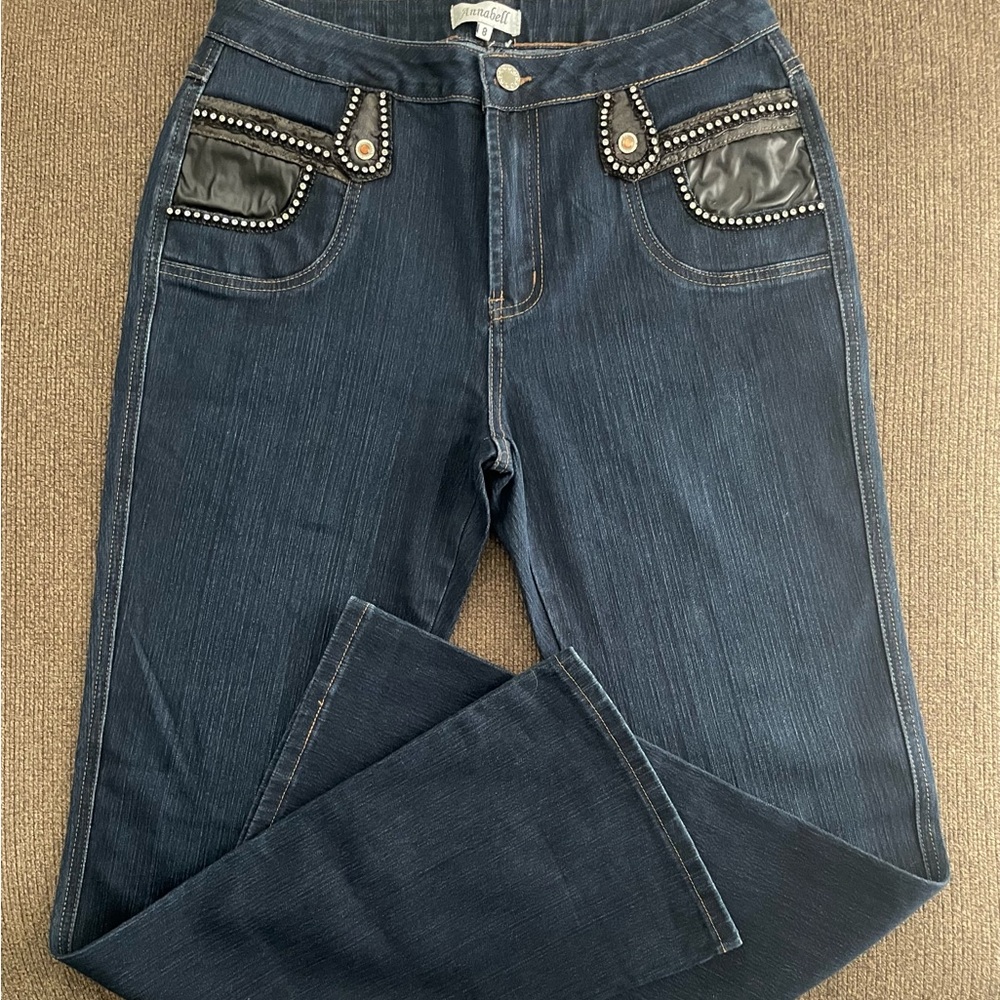 Women’s Annabell Vintage Denim Rhinestone & Faux Leather Trim Pocket Jeans Sz 8